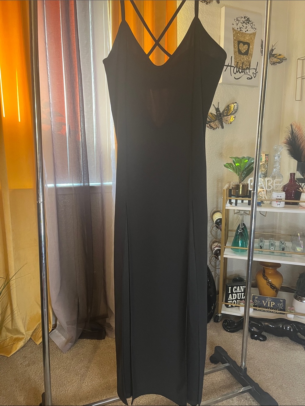 NWOT Sexy Black Strappy V-Neck Maxi Dress Deep front slits